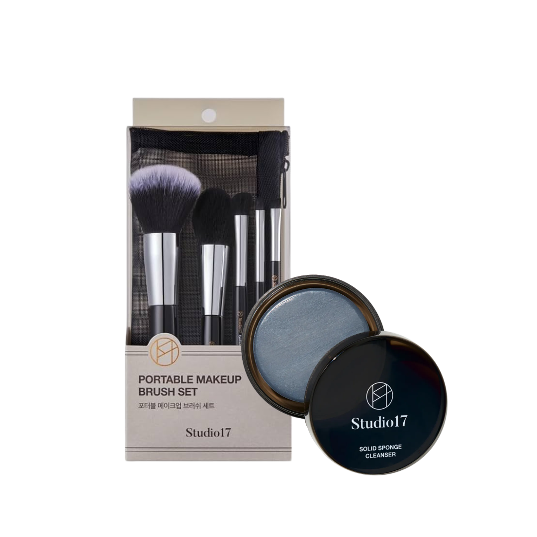 Studio17 Travel Bundle Brush & Puff Cleanser & Portable Make up Brush Set