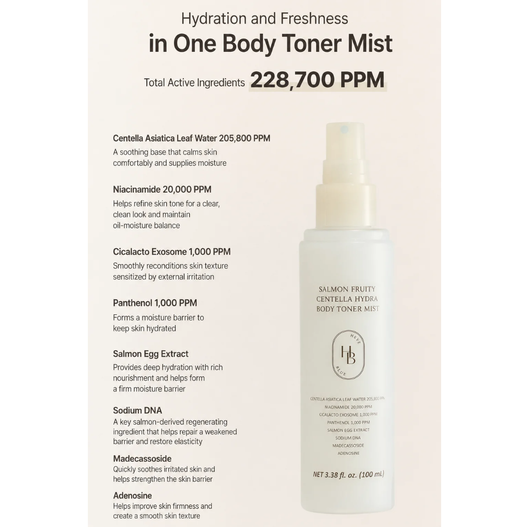 [PRE-ORDER] Heveblue Salmon Fruity Centella Hydra Body Toner Mist 100ml